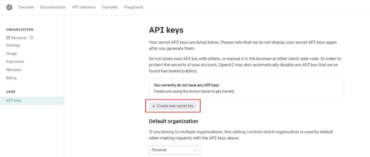 Create secret key on OpenAI